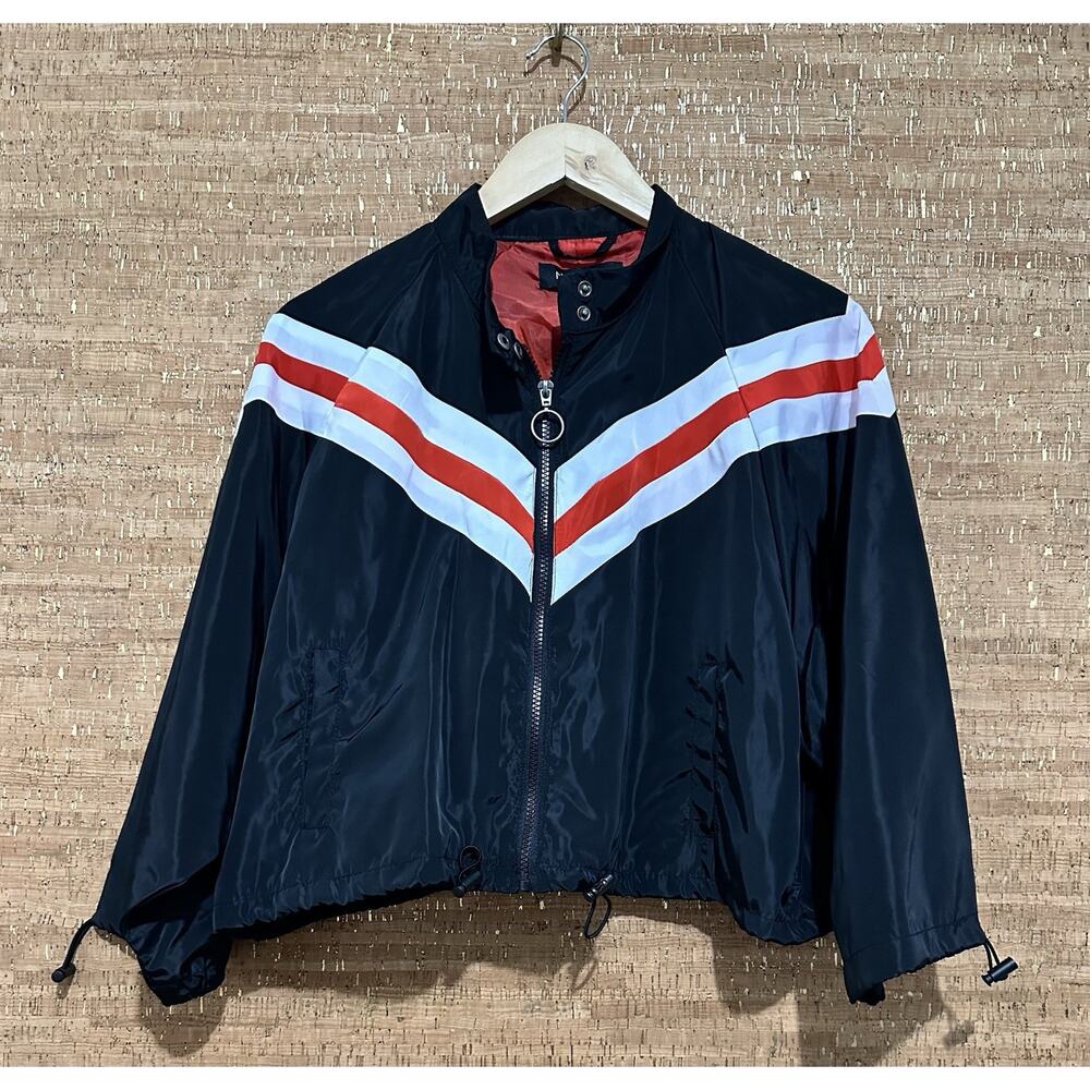New Look Retro Windbreaker Jacket Women’s Size XL Black Red White Cropped